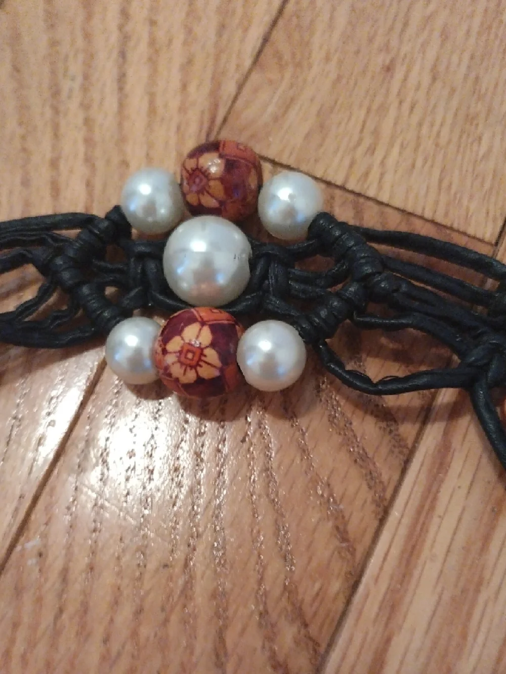 Y2K Black Leather Beaded Fringe Belt with Pearls and Copper Accents